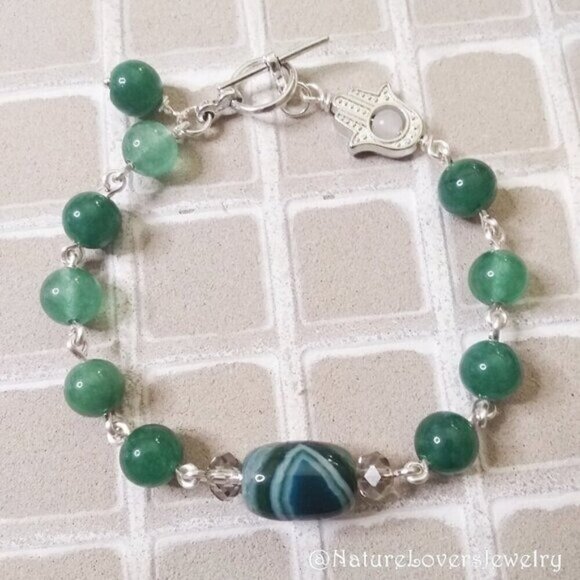 Hamsa Hand Bracelet - Green Banded Agate + Toggle Clasp - Abundance Wellness - Picture 1 of 11